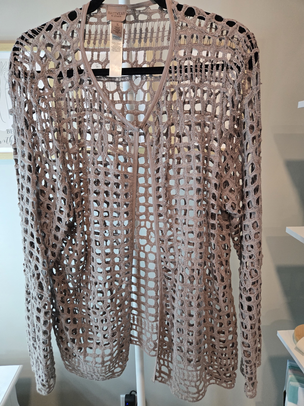 Chico's Taupe Open-Weave Crochet Cardigan